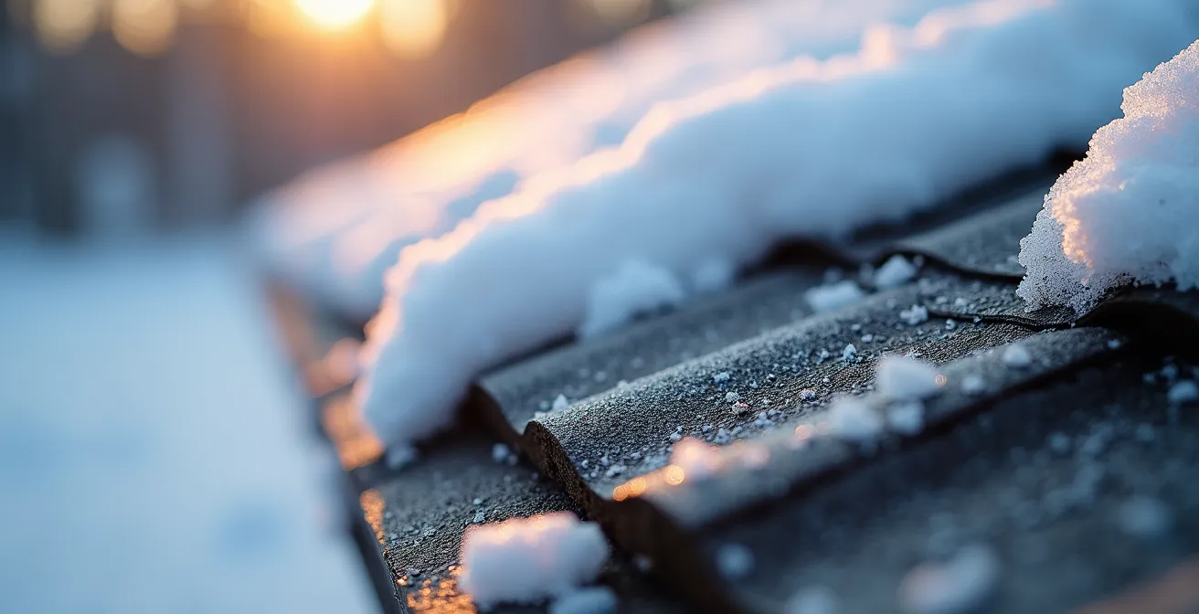 Toit de maison québécoise en hiver montrant des zones de fonte de neige révélant les déperditions thermiques