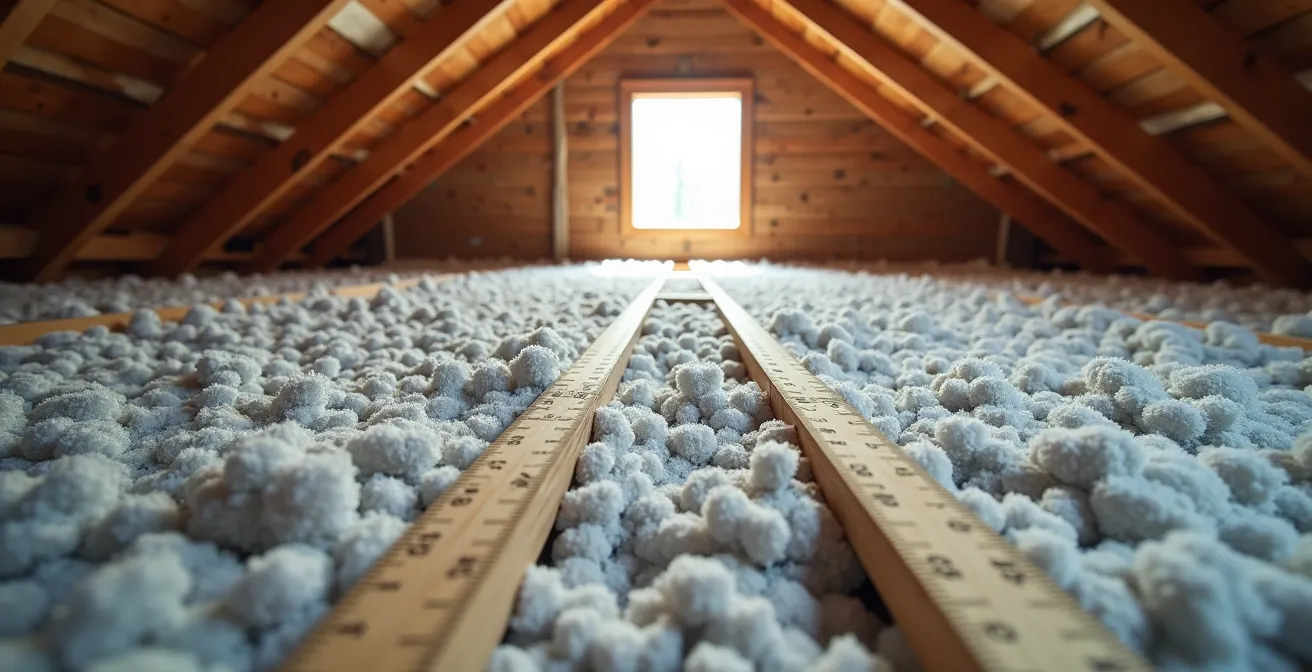 Installation de cellulose soufflée dans des combles avec règles de mesure pour vérifier l'épaisseur