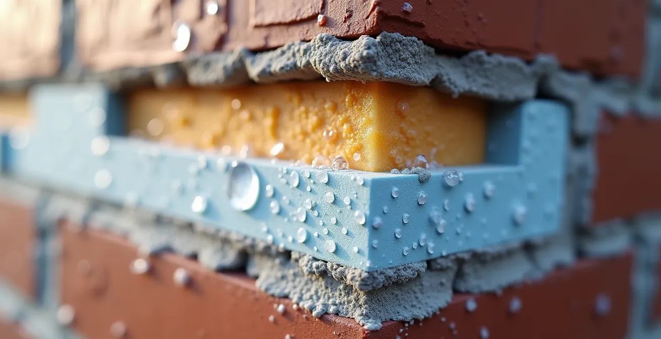 Coupe architecturale montrant l'isolation thermique par l'extérieur protégeant un mur de brique du gel-dégel