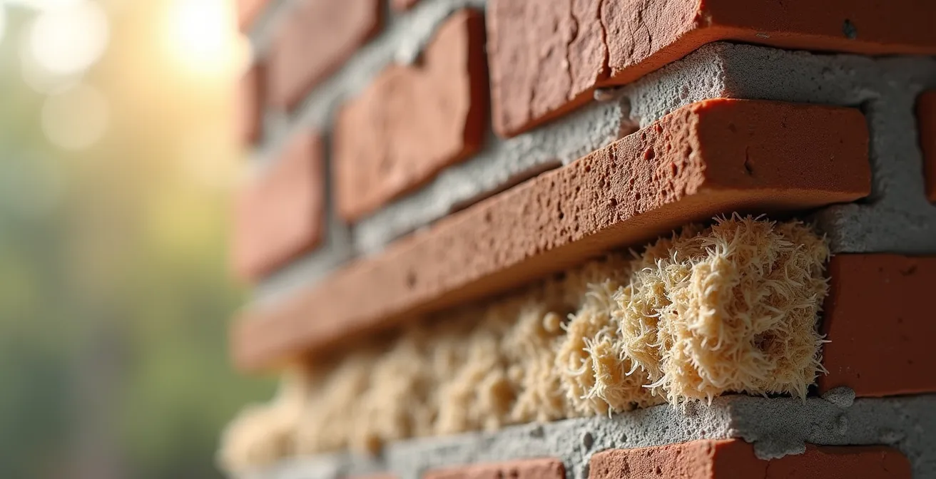Coupe transversale d'un mur de maison ancestrale québécoise montrant les différentes couches d'isolation perméables à la vapeur