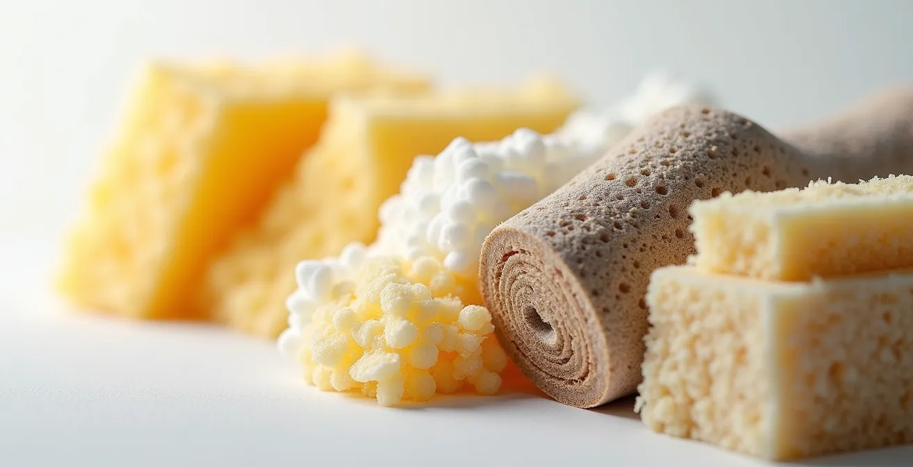 Échantillons de différents matériaux d'isolation disposés pour comparaison visuelle