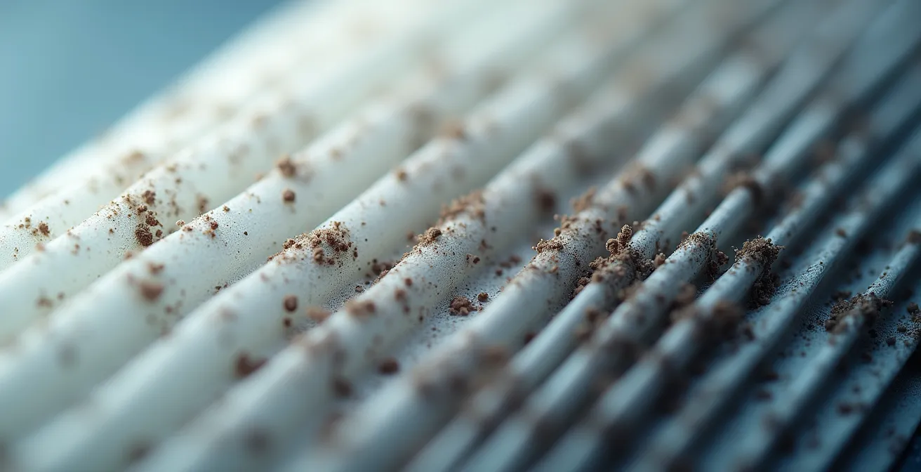 Vue macro d'un filtre de VRC montrant l'accumulation de poussière et de particules fines dans les fibres.