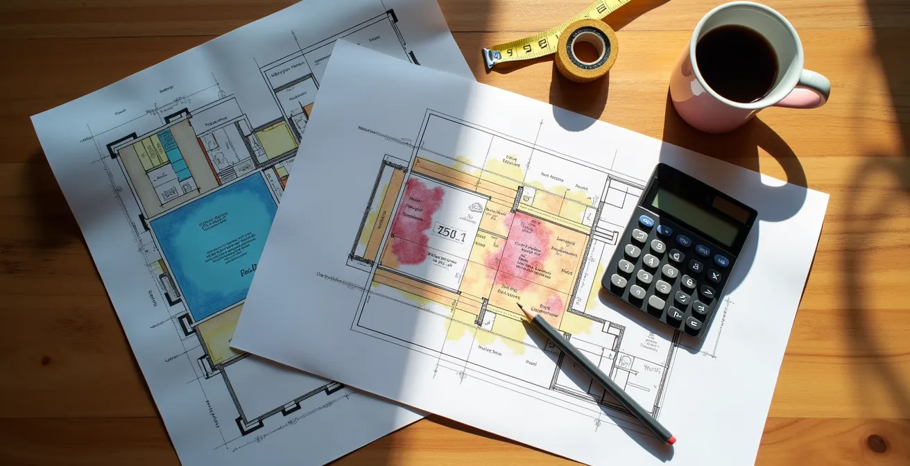 Table de travail avec plans de maison, calculatrice montrant des économies et documents du programme Rénoclimat