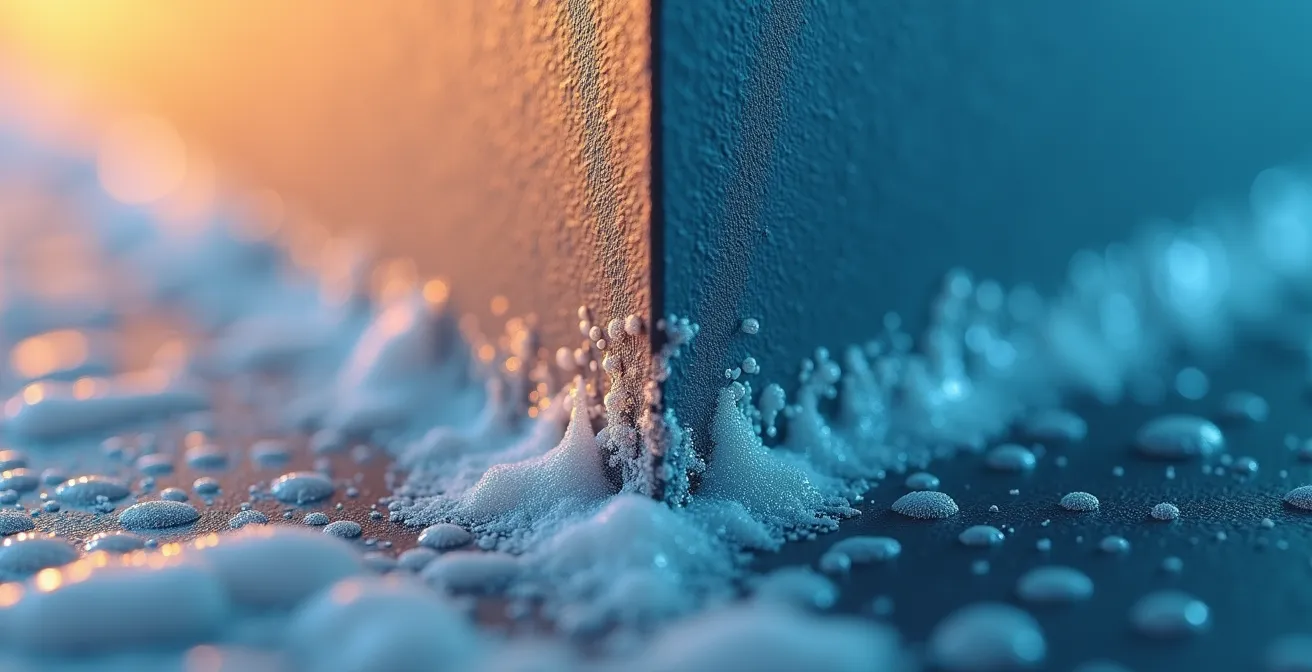 Vue macro d'un coin de mur montrant la formation de condensation sur une surface froide