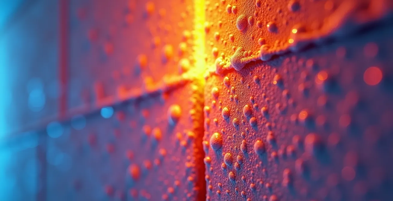Détail technique montrant un pont thermique à la jonction entre un mur isolé et non isolé, avec de la condensation