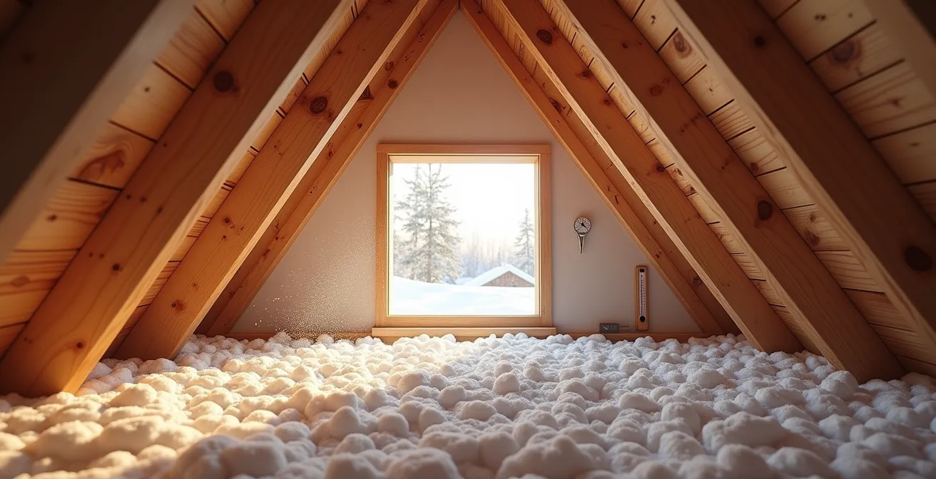 Vue en coupe d'un grenier bien isolé montrant la protection contre les barrages de glace en hiver