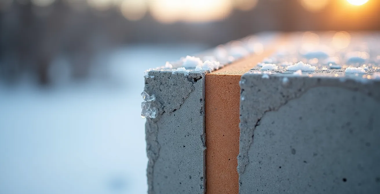 Coupe technique montrant l'installation d'un rupteur thermique entre une dalle de plancher et un balcon en béton.