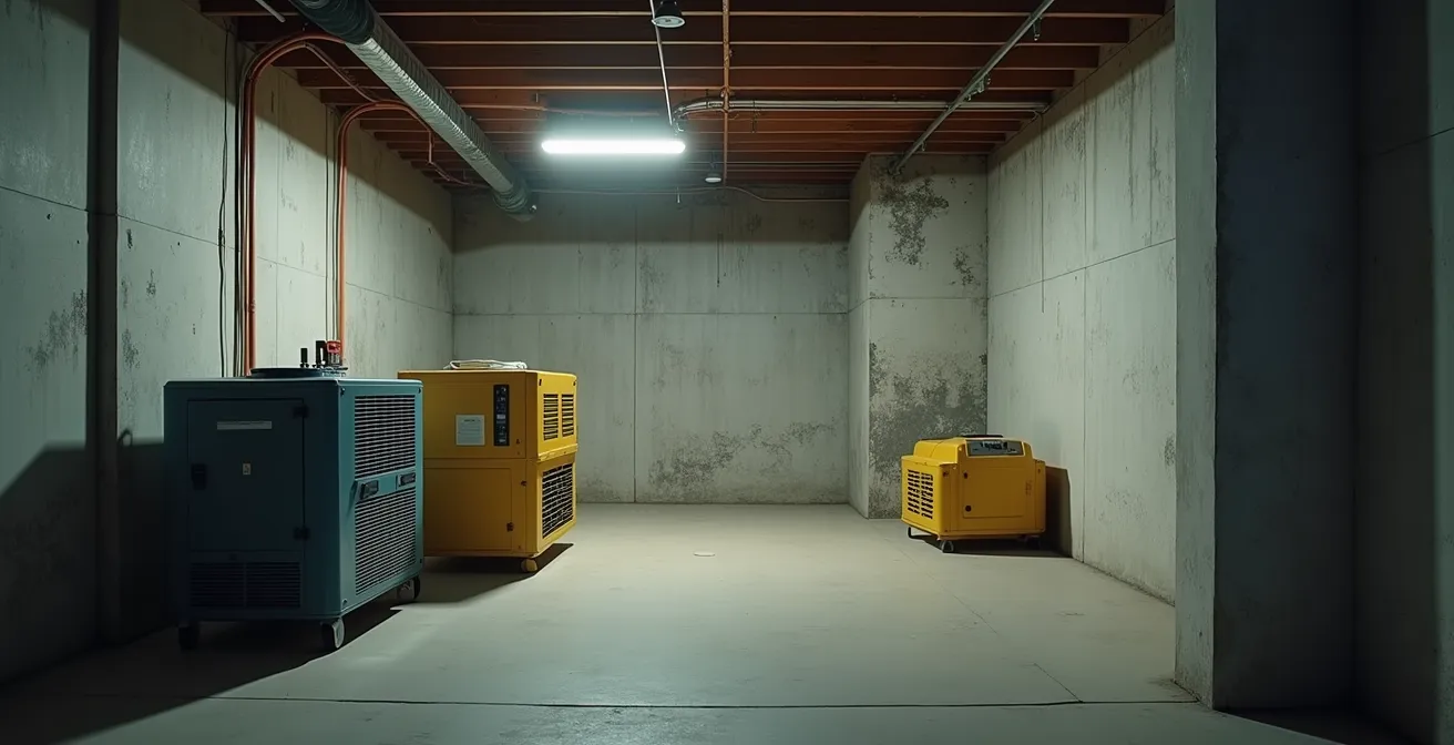 Sous-sol québécois avec équipement de séchage professionnel en action