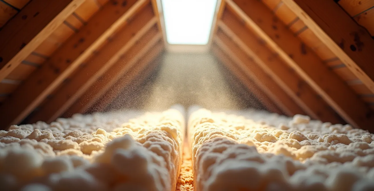 Vue en coupe d'un grenier montrant le tassement progressif de l'isolant en cellulose avec des zones compactées près des sablières