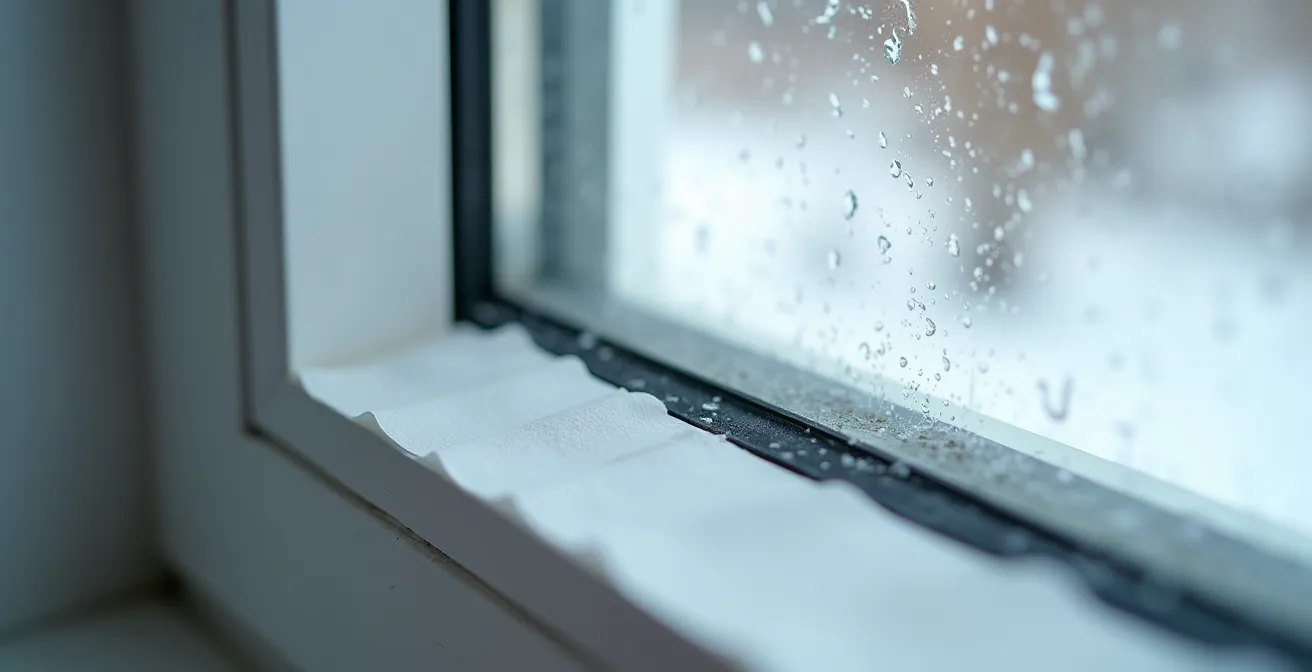 Test d'étanchéité d'une fenêtre avec une feuille de papier coincée dans le cadre