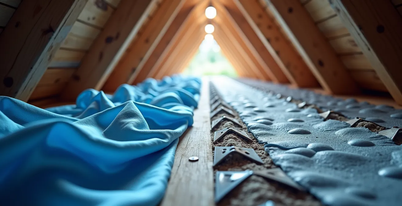 Coupe architecturale montrant l'installation correcte de déflecteurs dans des combles avec circulation d'air contrôlée