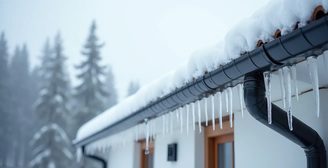 Vue environnementale d'une maison avec barrages de glace visibles sur les gouttières dans un paysage hivernal
