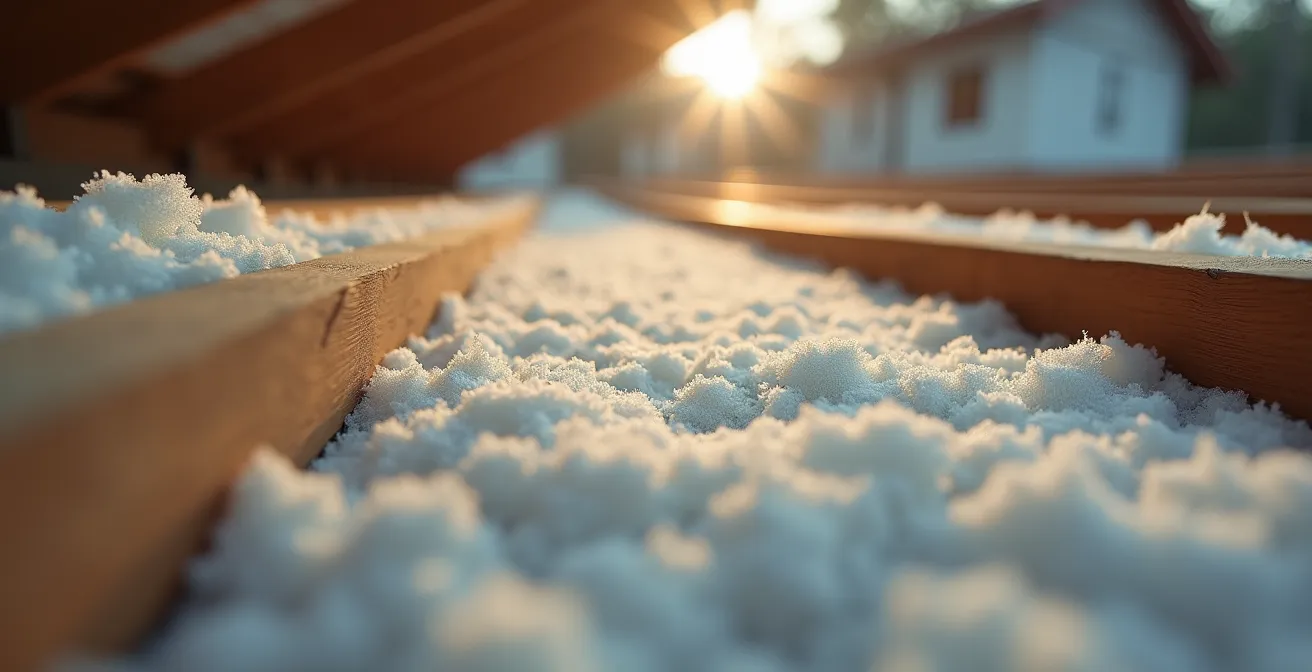 Détail macro d'une jonction défaillante entre toiture et mur montrant la texture de l'isolant compressé