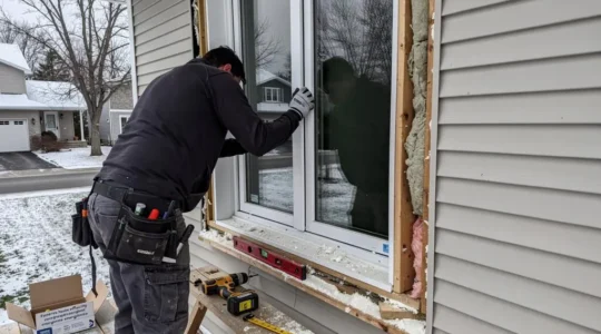 Technicien professionnel installant une fenêtre écoénergétique dans le mur extérieur d'une maison résidentielle canadienne