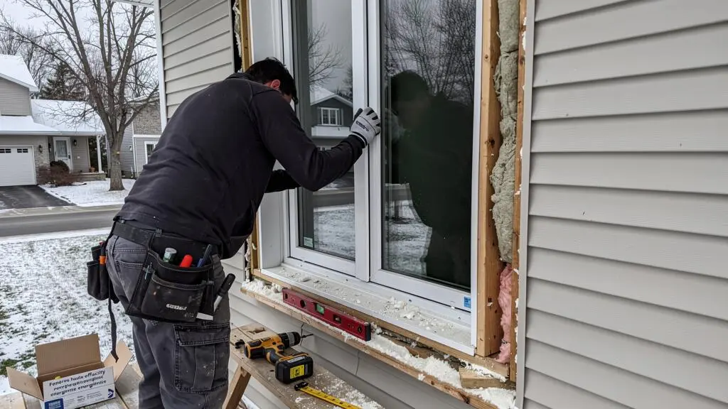 Technicien professionnel installant une fenêtre écoénergétique dans le mur extérieur d'une maison résidentielle canadienne